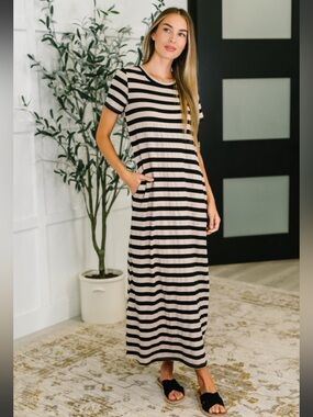One Eleven North Striped Short-Sleeve Maxi Dress - Black and Beige- Small